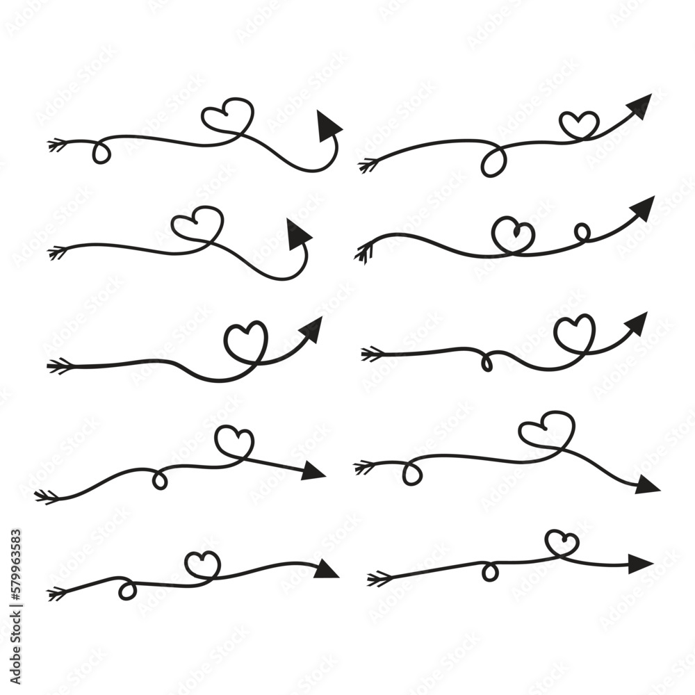 set of hand drawn lovely hearts style curved arrow vector art, Up, down, left, right direction black white background pen arrows icons, way symbol, design elements for t-shirt, poster, banner