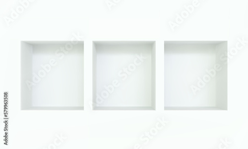 Three empty niches or shelf on white wall 3D mockup. Shop, gallery plastic or wooden showcase to present product. Blank retail storage space. Interior design furniture. Living room bookshelf