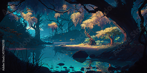 A painting of a river surrounded by trees, fantasy art, storybook illustration, 2d game art, background generated ai