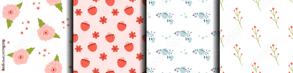 Vector set of botanical seamless pattern with flowers, leaves and berries. Collection of backgrounds in red, pink and blue colors. Spring floral patterns in flat design.