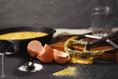 Close-up of messy kitchen counter with broken eggshells photo
