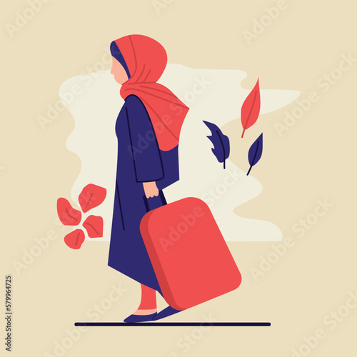 vector illustration with the concept of muslim woman traveling with a suitcase