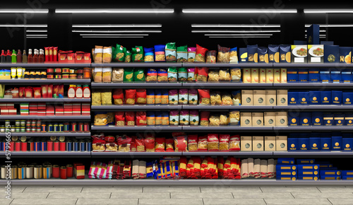 Pasta, spaghetti, Fusilli, Lasagna with Sauce packagings on shelf.Pasta Packaging in a supermarket on a shelf. Suitable for presenting new product plans and new packaging among many others.