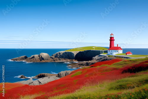 red concrete Long Point Lighthouse with blue sky; Twillingate Island, Newfoundland