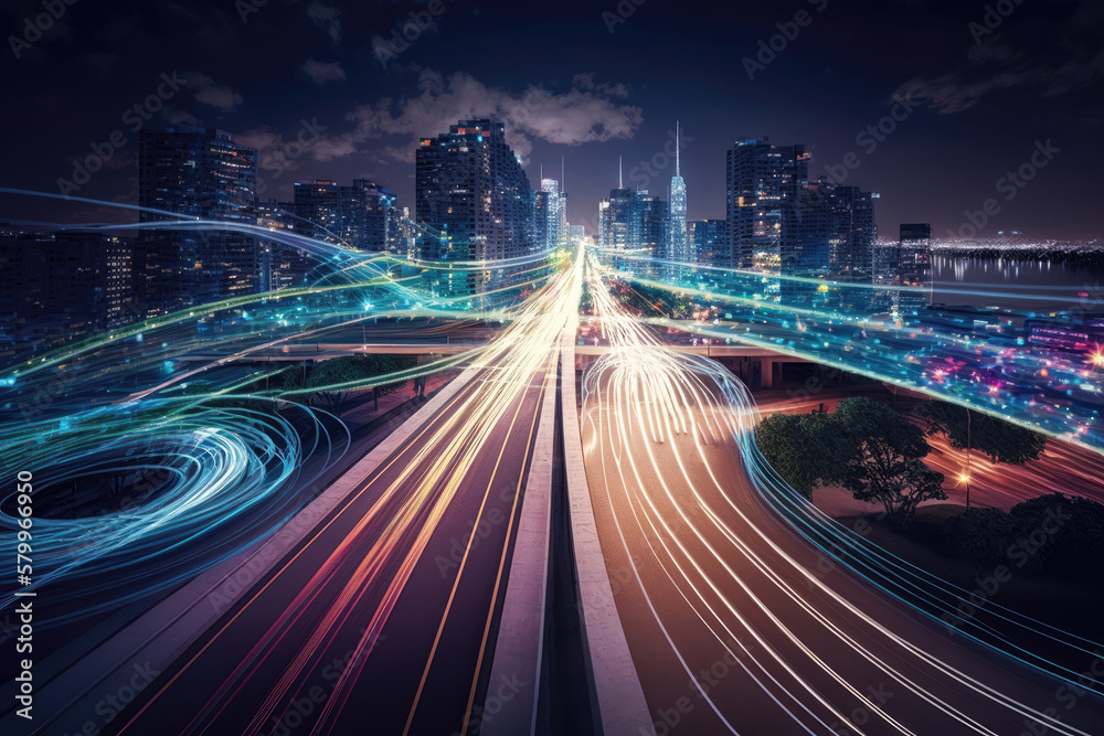 Obraz premium Smart digital city with high speed light trail. Generative AI