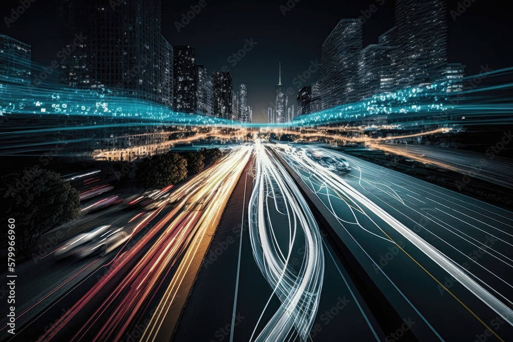Obraz premium Smart digital city with high speed light trail. Generative AI