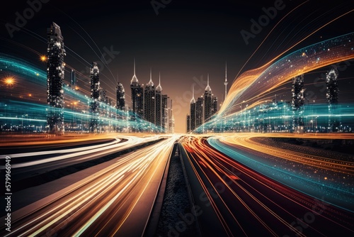 Smart digital city with high speed light trail. Generative AI