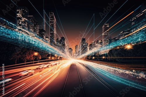 Smart digital city with high speed light trail. Generative AI
