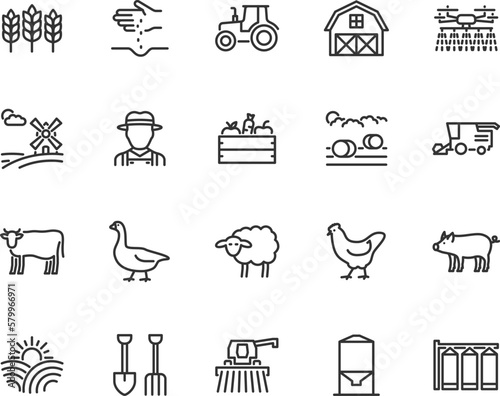 Vector set of agriculture and farming line icons. Contains icons farm, tractor, livestock, combine harvester, barn, farmer, granary, silo and more. Pixel perfect.
