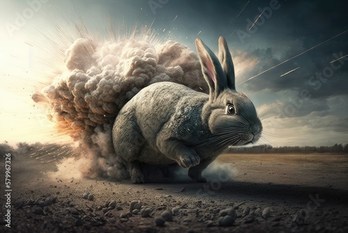 Bunny running at high speed making dust rise from the ground, Generative AI