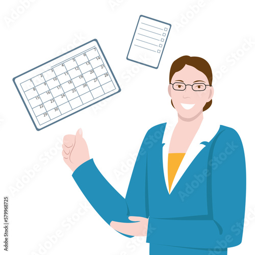A woman in a business suit with glasses on the background of a calendar and a list. Flat vector illustration