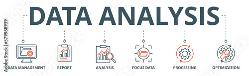 Data analysis banner web icon vector illustration concept with icon of data management, report, analysis, focus data, processing, optimization