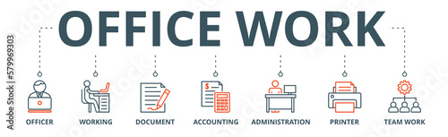Office work banner web icon vector illustration concept with icon of officer, working, document, accounting, administration, printer, teamwork