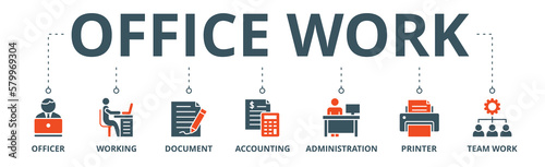 Office work banner web icon vector illustration concept with icon of officer, working, document, accounting, administration, printer, teamwork
