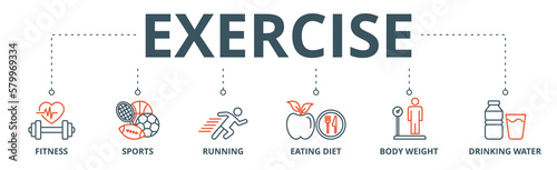 Exercise banner web icon vector illustration concept with icon of fitness, sports, running, eating diet, body weight, drinking water