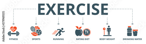 Exercise banner web icon vector illustration concept with icon of fitness, sports, running, eating diet, body weight, drinking water