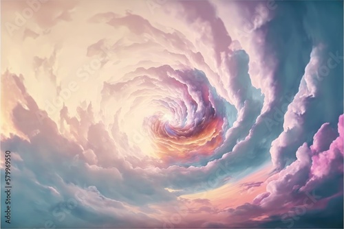 Abstract of sunset mood in the sky with cloudy background. Wallpaper in colorful gradient pastel painting with watercolor shading technique. Finest generative AI.