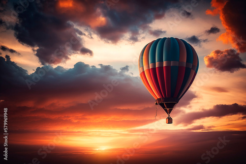 generative ai illustration of hot air balloon in the sunset evening sky and pure cloud © epiximages