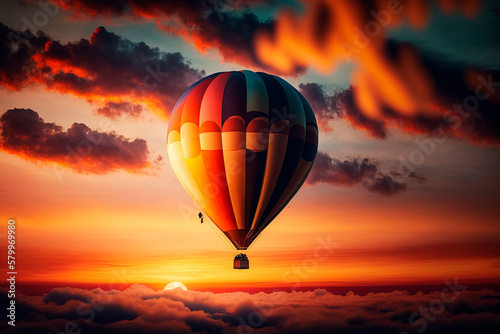 generative ai illustration of hot air balloon in the sunset evening sky and pure cloud