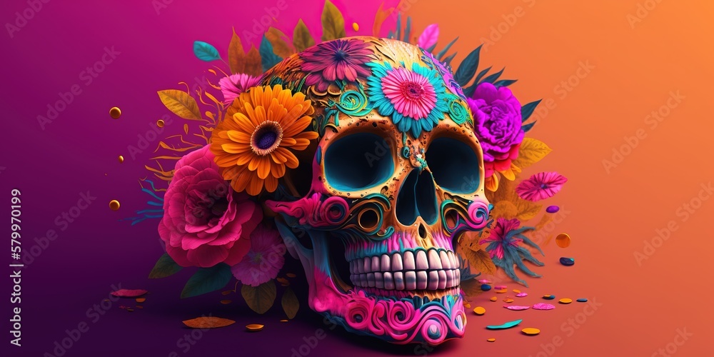 colorful skull on vivid pink background, day of the dead, dia de muertos, Generative AI - obrazy, fototapety, plakaty 