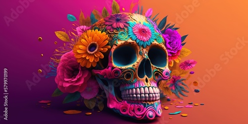 colorful skull on vivid pink background, day of the dead, dia de muertos, Generative AI