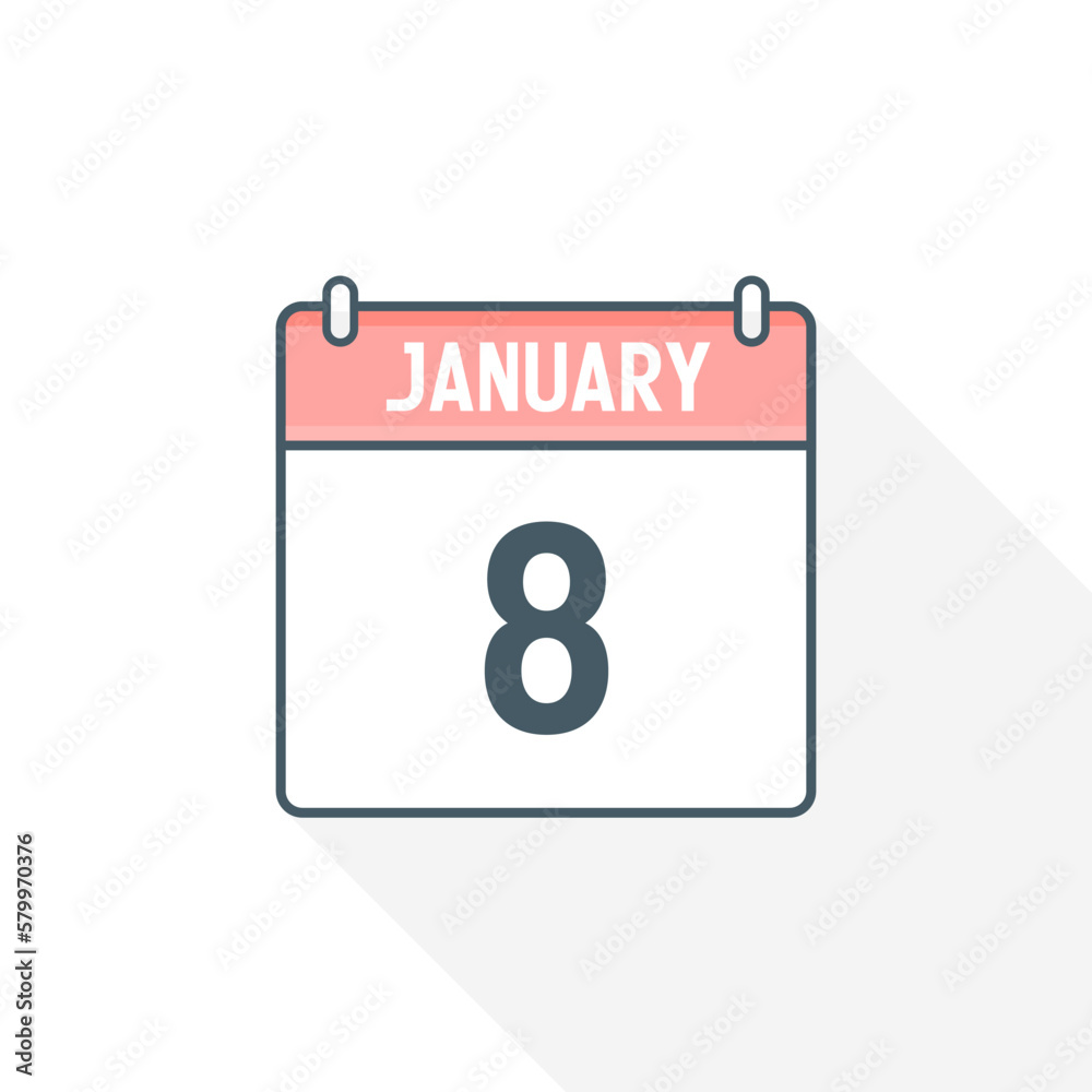8th January calendar icon. January 8 calendar Date Month icon vector illustrator 8th January calendar icon. January 8 calendar Date Month icon vector illustrator