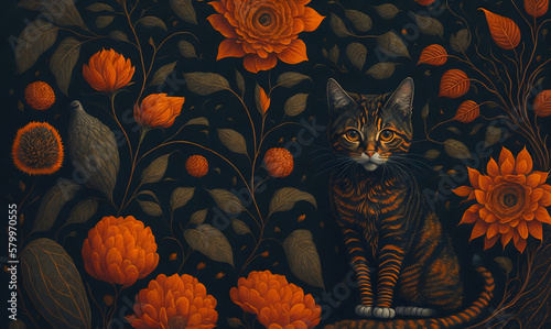 floral pattern flowers background with cat, beautiful vintage illustration of plants and leaves, generative ai