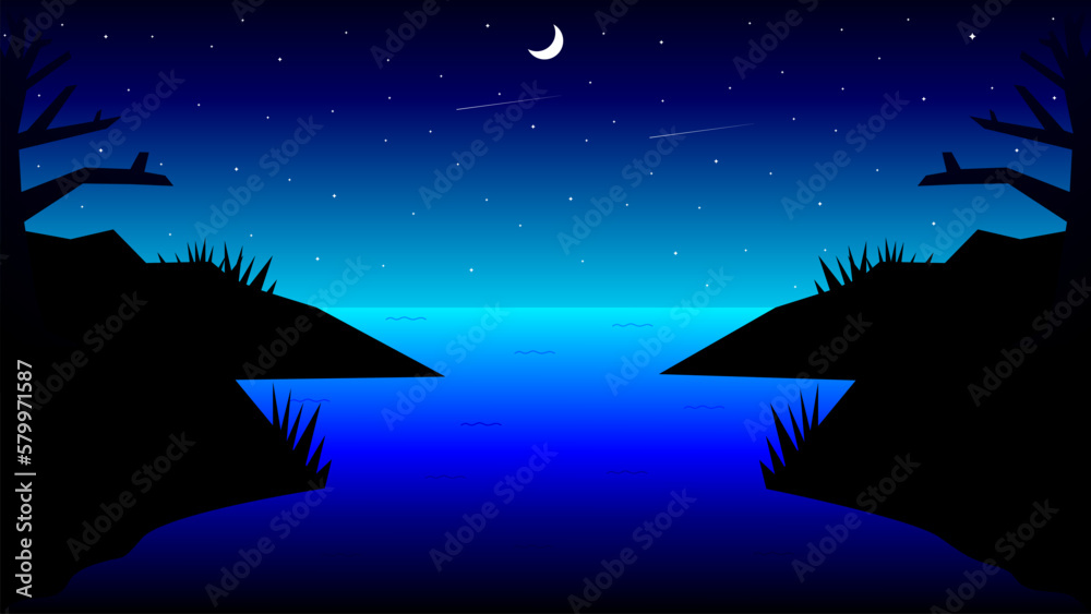 Fototapeta premium Vector illustration night view of a swamp with rocks and barren tree silhouettes on either side