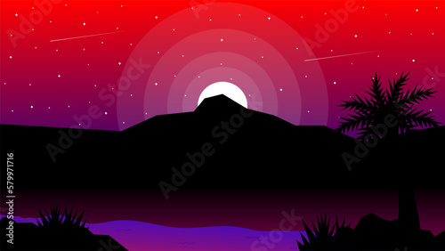 Vector illustration of a mountain with a red and purple sky with moonlight in the background