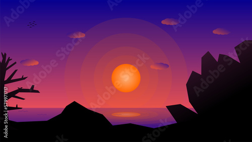 Vector illustration of beach scene at sunset