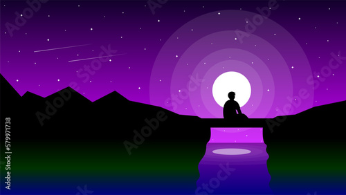 Vector illustration of a man sitting on a bridge looking at the stars and moonlight at night