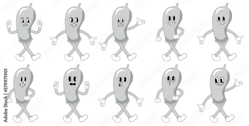 Obraz premium Set of vector cartoon condom stickers with funny comic characters, gloved hands. Groovy illustration with legs and arms.
