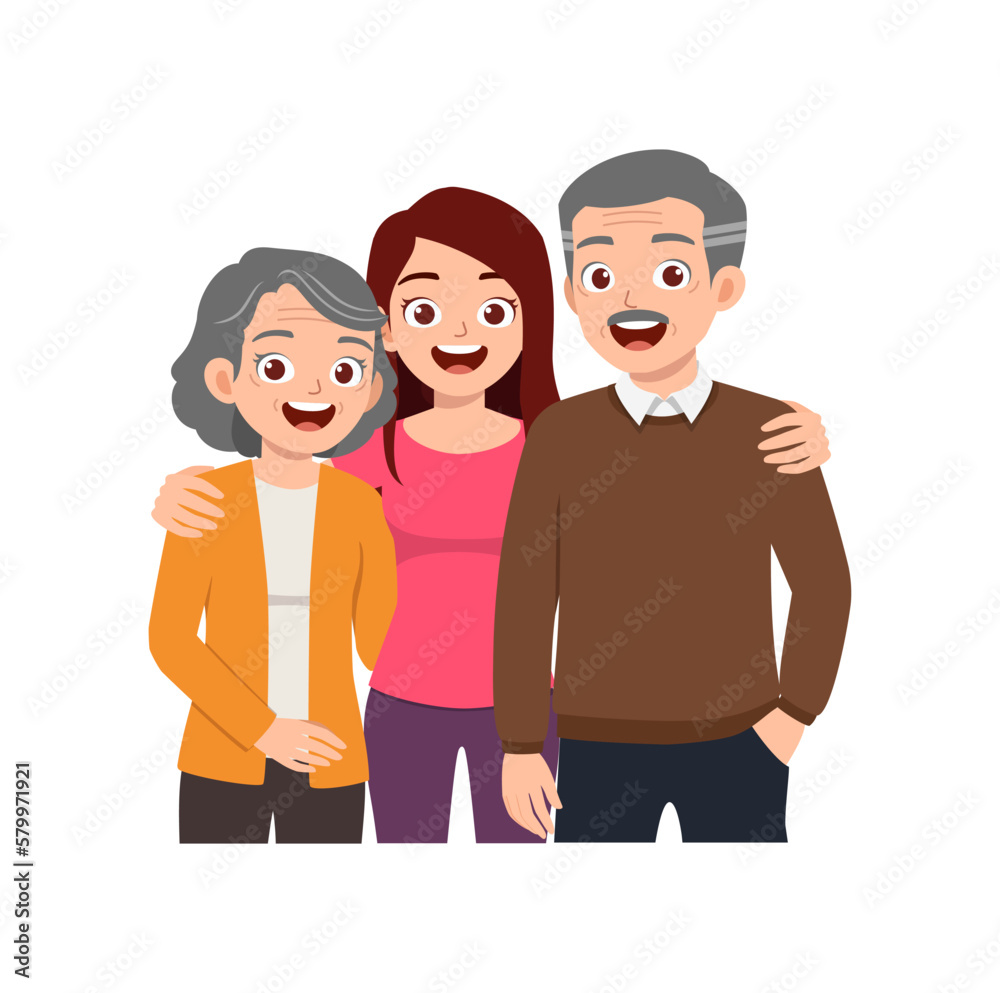 old parent standing with adult young child and smile old parent standing with adult young child and smile