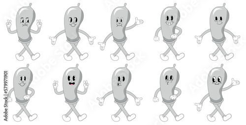 Set of vector cartoon condom stickers with funny comic characters, gloved hands. Groovy illustration with legs and arms.