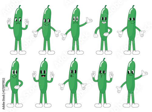 Cucumber cartoon groovy stickers with funny comic characters, gloved hands. Modern illustration with legs and arms.