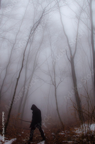 silhouette of a person walking in the fog