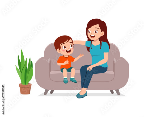 little kid having conversation with mother and feeling happy
