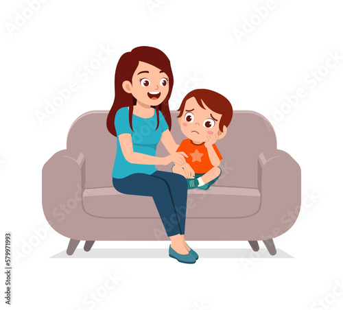 mother try to console sad little kid