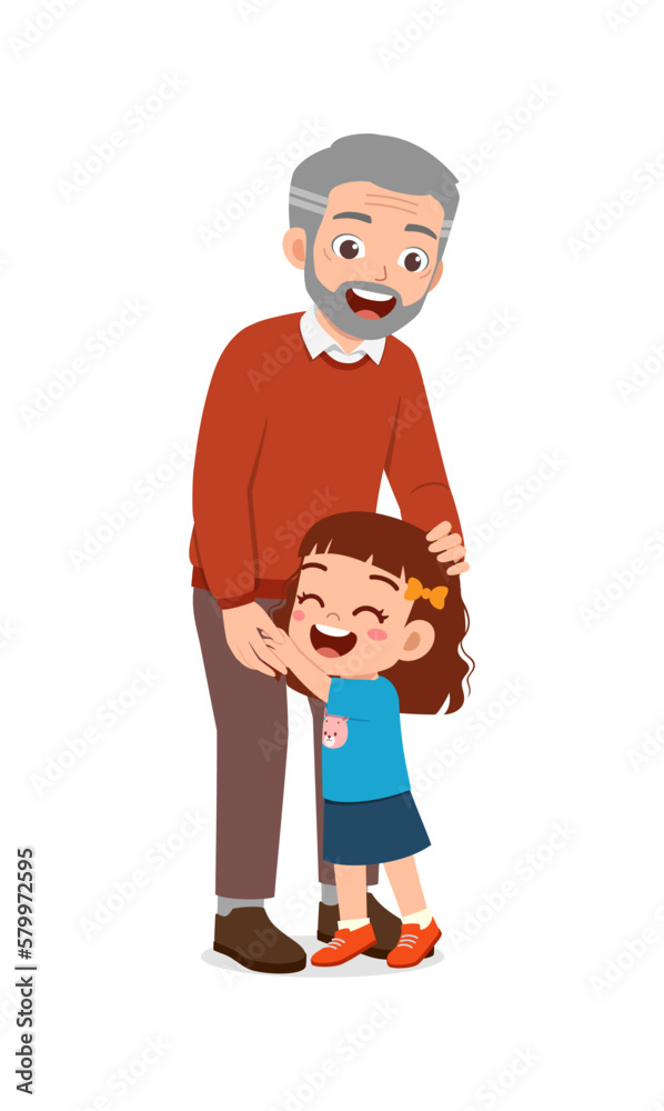 little kid hugging grandfather and feel happy