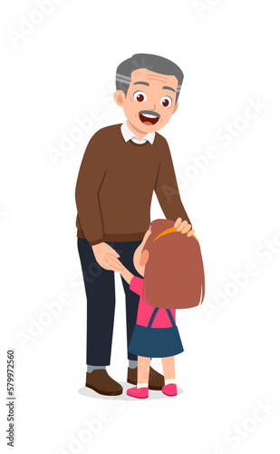 little kid hugging grandfather and feel happy