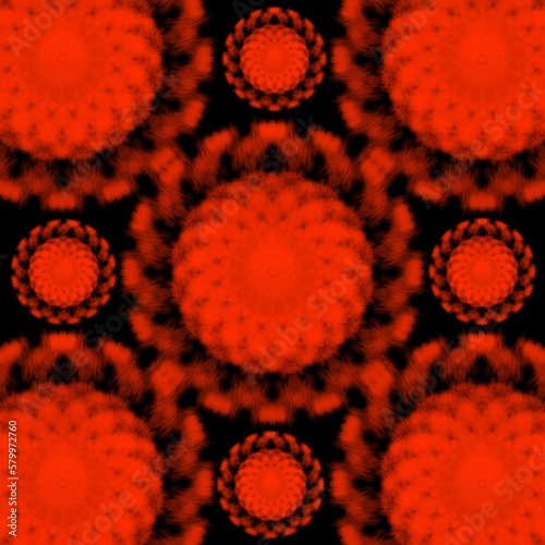 Modern seamless floral repeat pattern design in red color with fluffy flowers on black background 