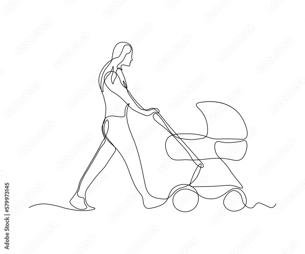abstract woman with a stroller with a child Continuous On Line Drawing