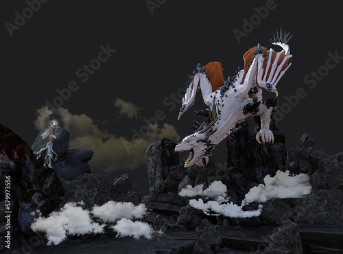 Quadro em tela A female mage with a staff facing a white angry dragon in the night on a black r