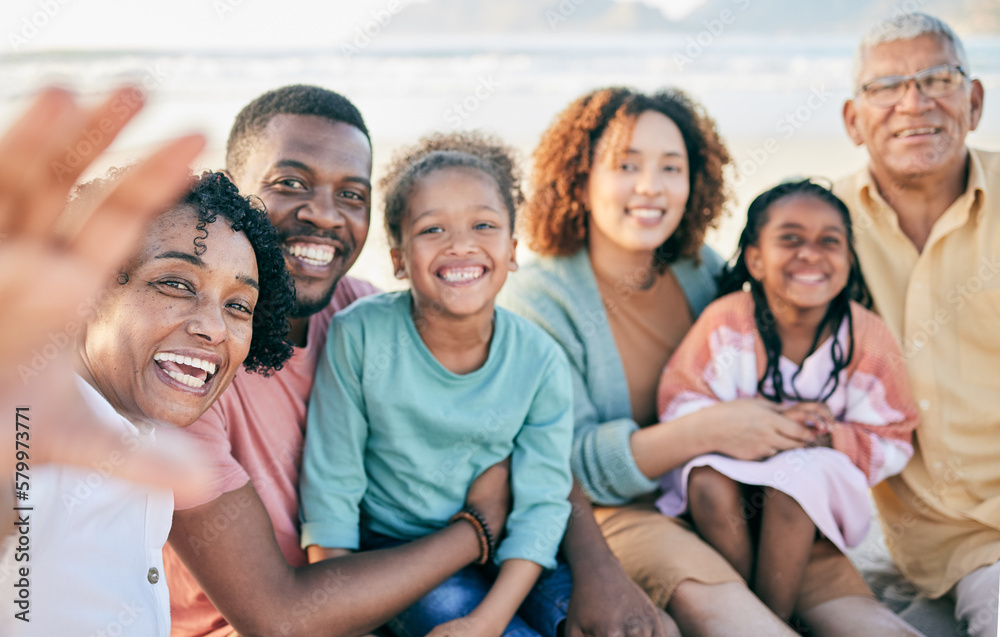 Obraz premium Family, selfie and travel, generations in portrait with happiness outdoor on beach, memory and together with love. Grandparents, parents and children, happy people with smile in picture and holiday