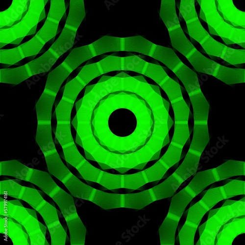 Modern futuristic green glowing geometric circular and polygonal shapes pattern design on black background 