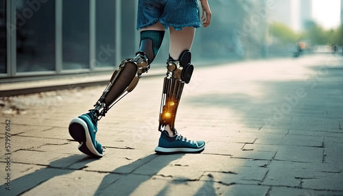 Female legs prosthesis close up walking outdoor in city park, disabled woman amputee wearing robotic prosthesis legs, modern limbless technology, girl with lower extremity prosthesis, generative AI photo