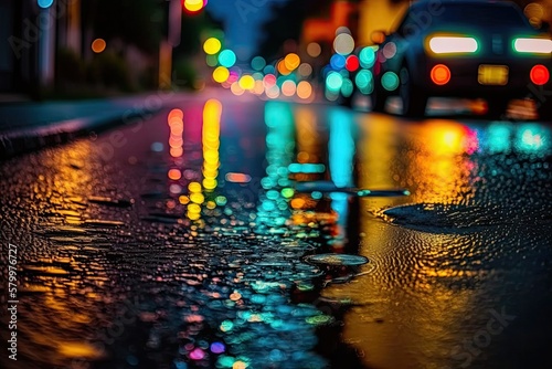 Tokyo New York background of wet asphalt with neon light. Blurred background, night lights of a big city, reflection, puddles. Dark neon bokeh, cyberpunk style - Generative AI