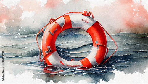 Lifebuoy in a stormy blue sea photo