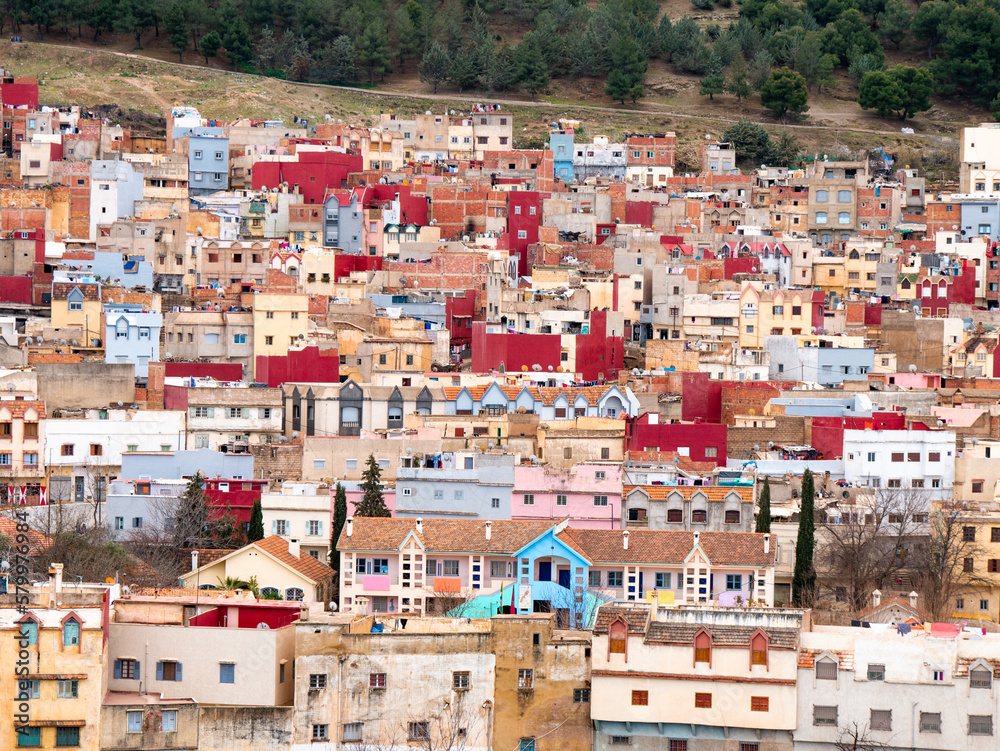 Dense and colorful city scape seen in the old city of Azrou, Morocco on a cloudy morning - Landscape Shot