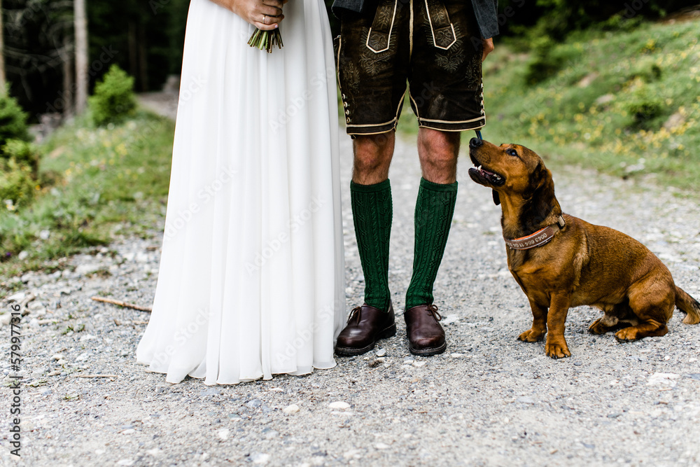 Jäger Brautpaar mit Hund Dackel auf Jägerhochzeit Stock Photo | Adobe Stock
